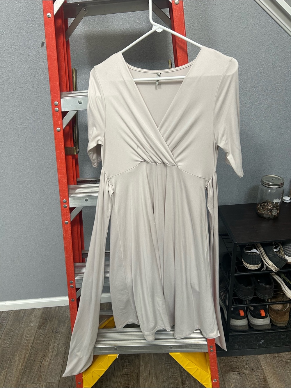 Maternity V-Neck Wrap Midi Dress in Light Beige